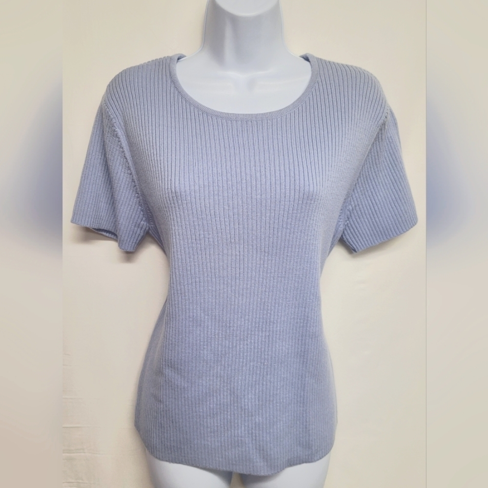 Talbots L Blue Ribbed Stretch Top Short Sleeve Excellent Condition